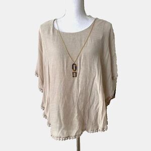 JM Collection Women's Embellished-Neck Gauze Poncho Blouse Coverup Tan Sz M
